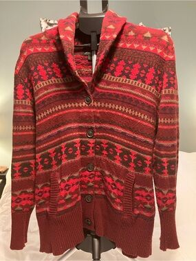 Eddie Bauer Women’s Large Shawl Collar Southwestern Fair Isle Knit Cardigan
